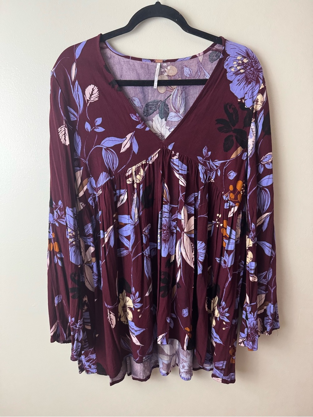 Free People Purple Floral Bella Tunic Bell Sleeve Boho Medium